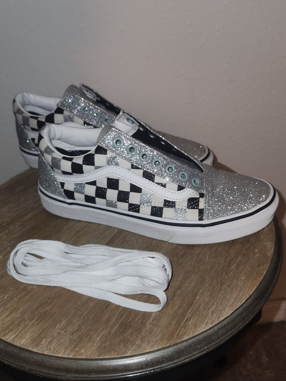 Unisex Vans Checkerboard Glitter Low Top Sneakers - Silver/Black/White